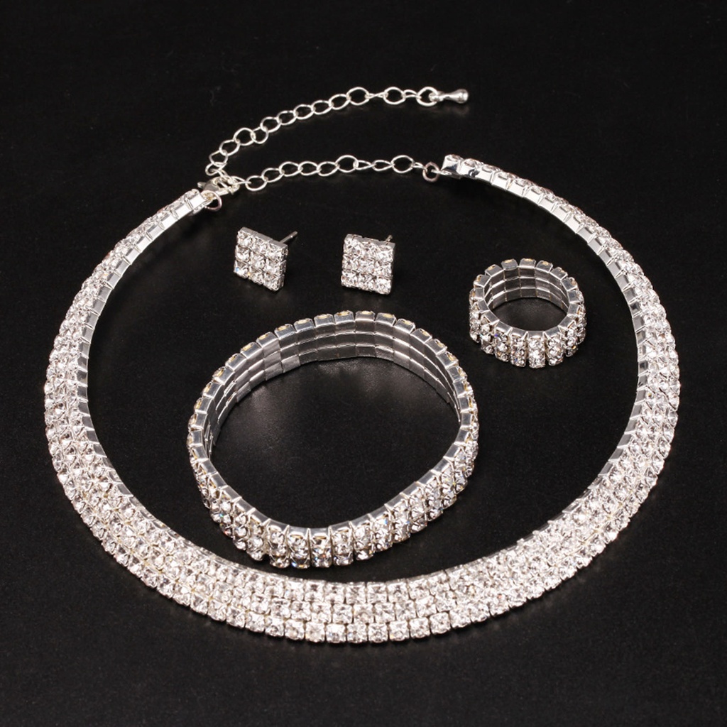 1 Bộ Trang Sức Vòng Tay Nhẫn Bông Tai Họa Tiết Hình Học Đính Đá Lấp Lánh Bắt Mắt Cho Đám Cưới