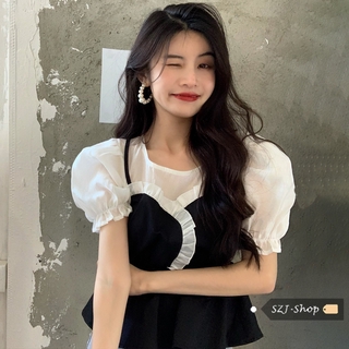 【Ready Stock】 Two Straps Female Shirts 2021 Young Korean Short-sleeved Short-sleeved Shirts Waist Sleeve Red Puff Shirt Shirt Shirt Shirt Short Shirt Shirt Sleeve Sleeve Top Shirt Girl Korean Style