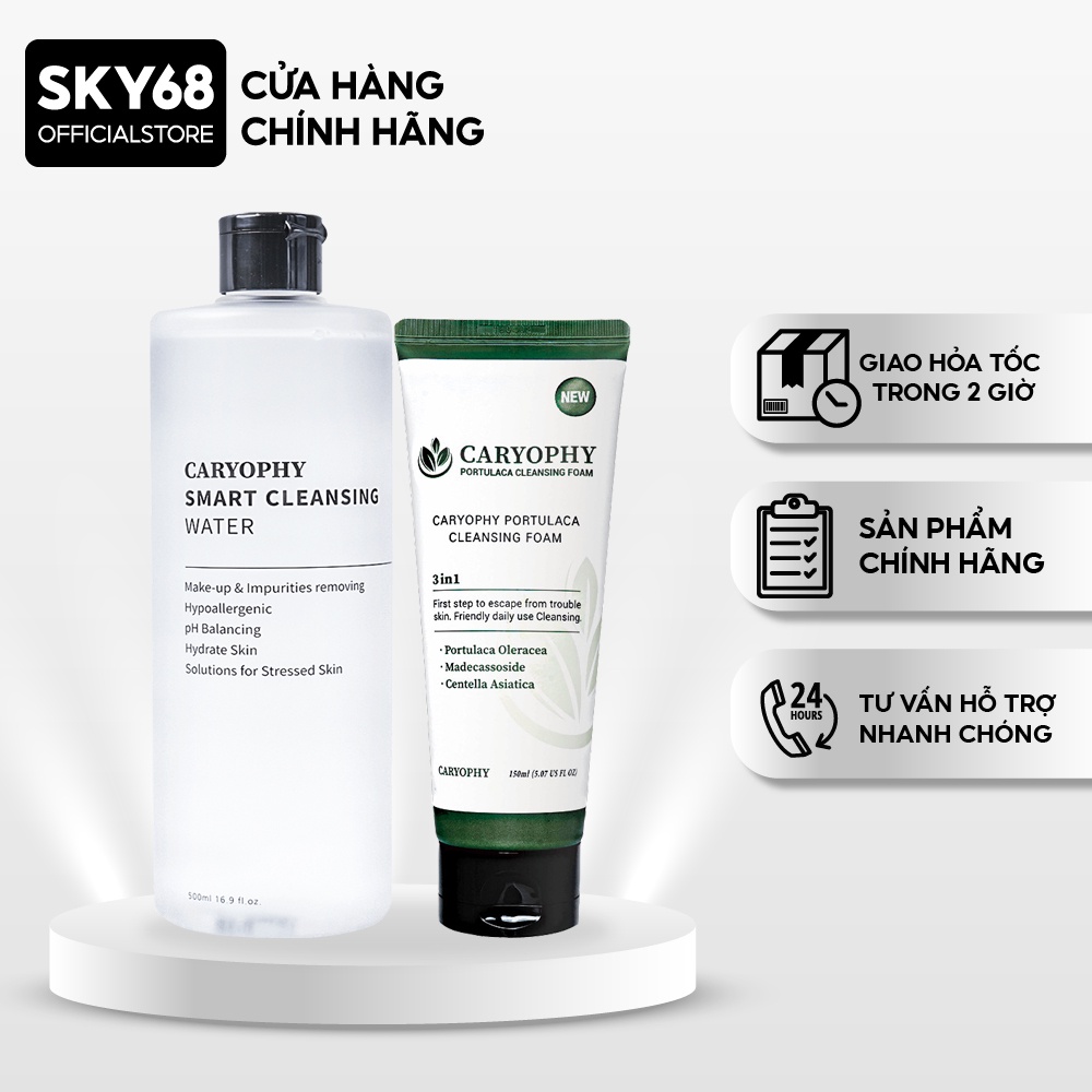 Combo 2 sản phẩm làm sạch mọi bụi bẩn, giảm mụn và tẩy da chết dịu nhẹ Caryophy (Tẩy trang 500ml + Sữa rửa mặt 150ml)