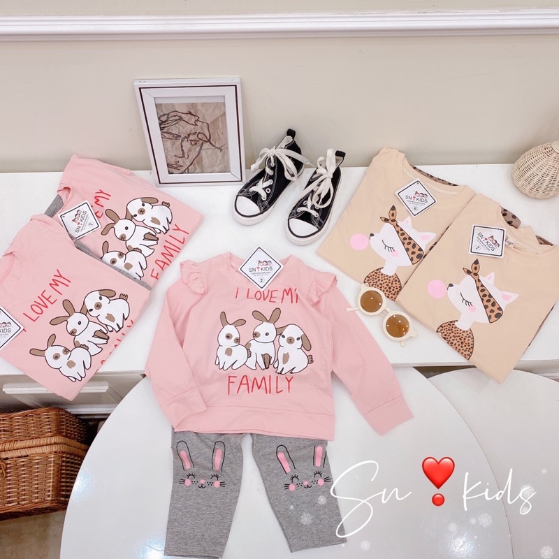 Xả Set cotton Family dài tay cho bé gái