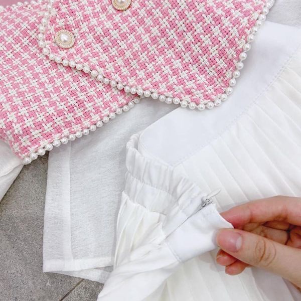 SET 3 món Áo sơ mi trắng kèm Gile caro hồng và Chân váy xếp ly NÀNG CLOSET