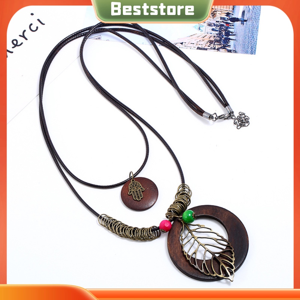 Vòng cổ Nhiều Lớp Mặt Gỗ Và Lá Cây Phong Cách Vintage Cho Nữ