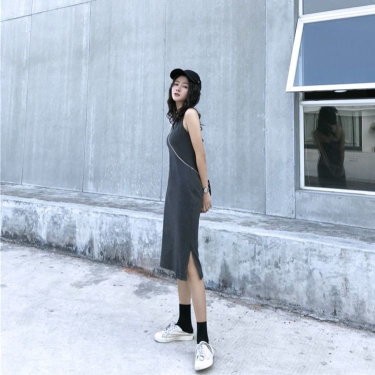 [L&Q]                        Suspender dress long skirt female summer Korean version of the open back sexy slim body with a thin bottoming vest little black dress