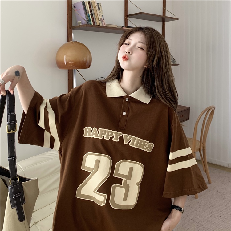 Áo polo Tay Ngắn Dáng Rộng Họa Tiết Kẻ Sọc In Chữ Phong Cách Hàn Quốc Thời Trang Cho Nữ