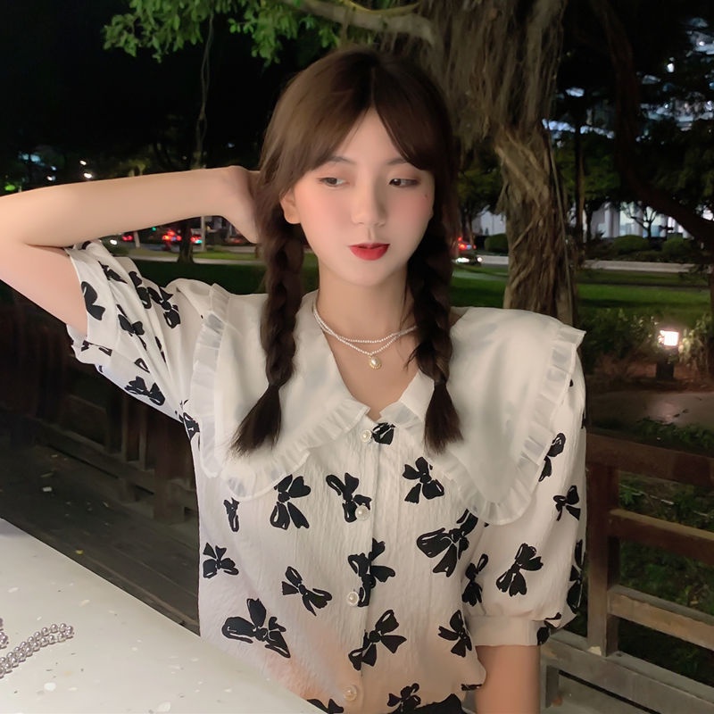Áo sơ mi tay ngắn phồng dáng rộng màu tương phản thời trang cho nữ