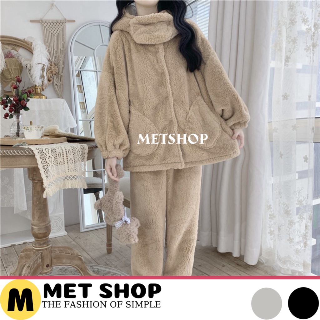 Bộ đồ ngủ mùa đông lông cừu giữ nhiệt tốt, nhung bông mềm mịn cho nữ siêu ấm, bộ mặc nhà nữ dày dặn có vòng cổ -METSHOP0
