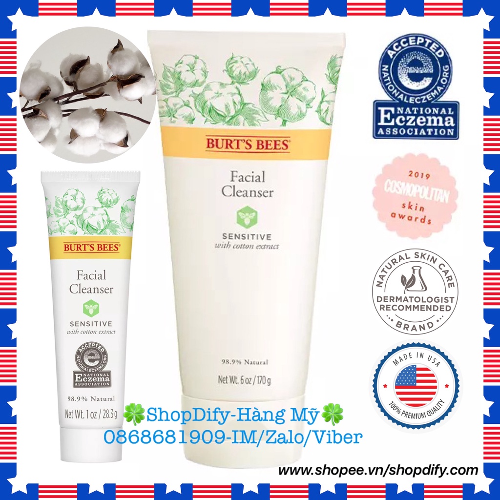 Burt Bee Sữa Rửa Mặt Cho Da Nhạy Cảm 99% Tự Nhiên Natural Burts Bees Sensitive Facial Cleanser With Cotton Extract 170g