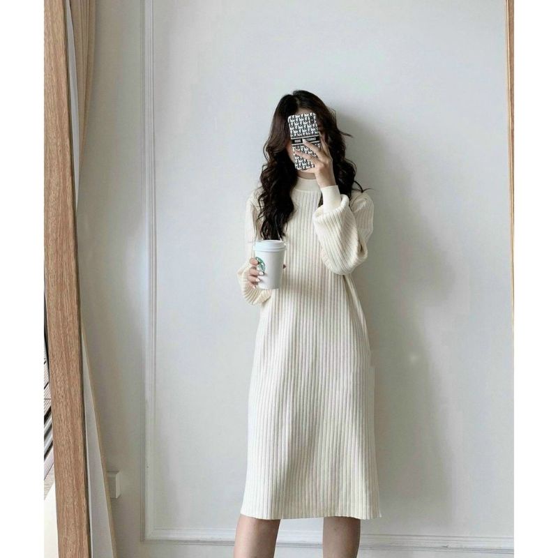 Đầm cổ lọ phôm suông vải GÂN ĐŨA thu đông cao cấp