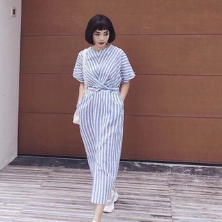 Đầm váy freesize sọc xanh form dài chéo eo