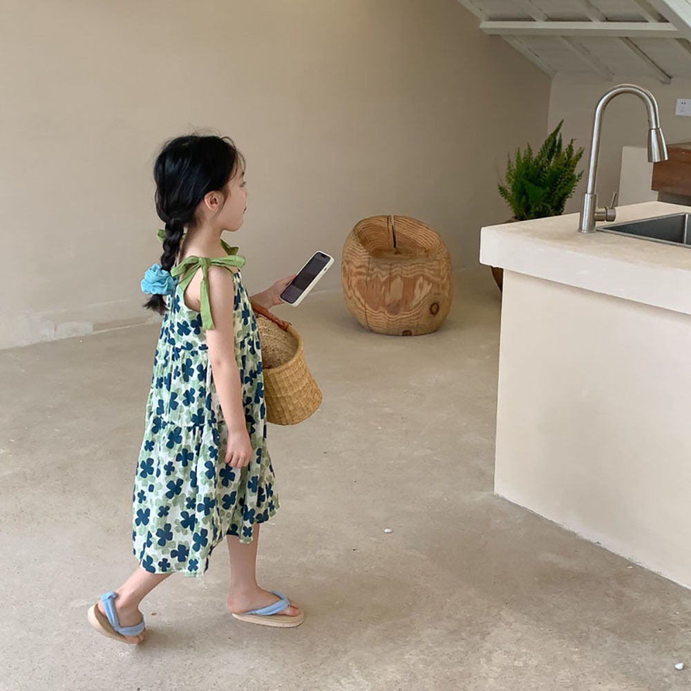Đầm BEAR LEADER hai dây cột nơ họa tiết hoa thời trang mùa hè 2022 xinh xắn cho bé gái 3-7 tuổi