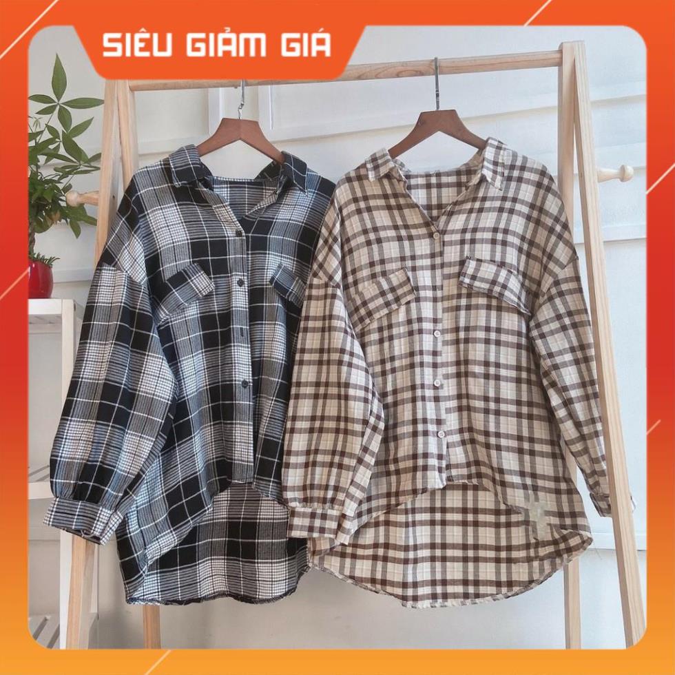 Áo khoác sơ mi caro nữ Form to tay phồng, túi giả trước ngực (4 màu)