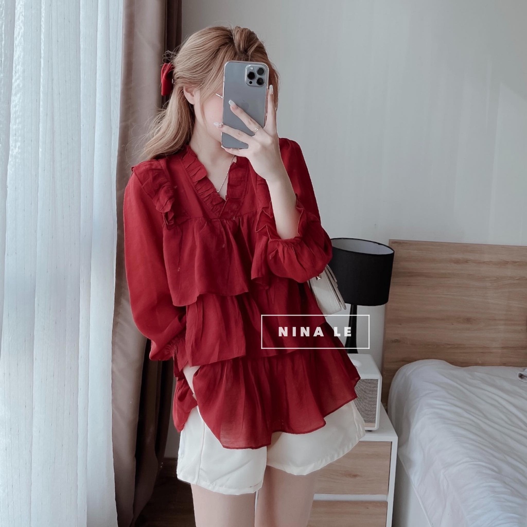 Sét bộ áo đũi tầng đỏ - xanh quần sooc phồng