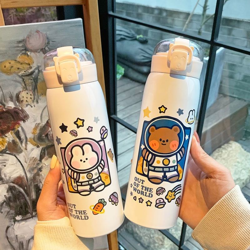 Bình giữ nhiệt inox 304 có ống hút dung tích 500ml hình in nổi sắc nét họa tiết dễ thương