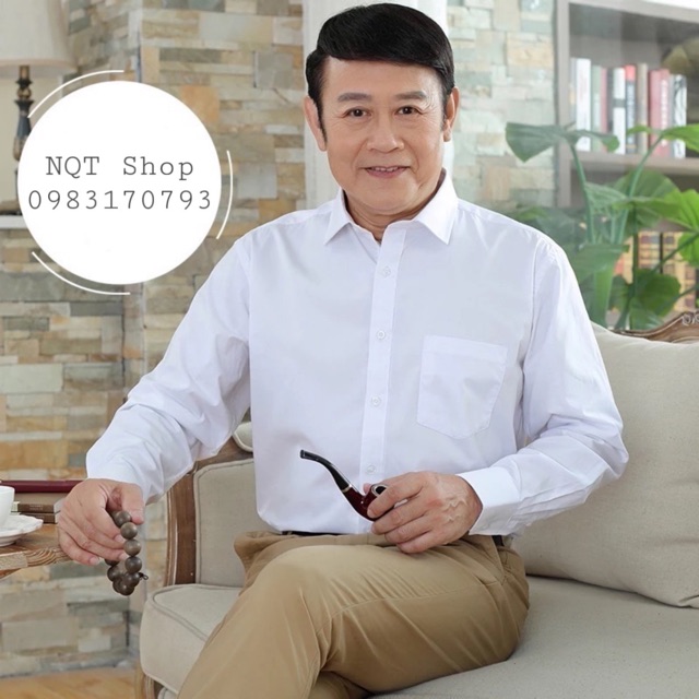 Áo Sơ Mi Dài Tay Trơn Một Màu Trắng Nam Trung Niên Trung Tuổi