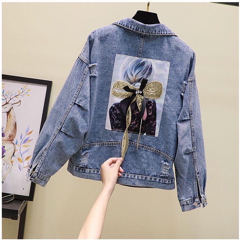Áo Khoác Denim Dáng Rộng Ngắn Thêu Họa Tiết Thời Trang Hàn Quốc Mới