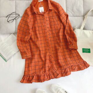[THANH LÝ SHOP] Đầm sơ mi caro phom suông viền bèo