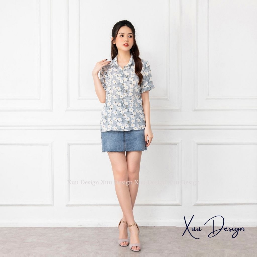 Áo sơ mi nữ cộc tay họa tiết Xuu Design, Sơ mi kiểu thiết kế hoa cúc trẻ trung chất vải mềm mát lên dáng đẹp - SK10