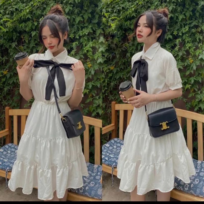 Váy Tiểu Thư Cổ Đức Phối Nơ Đen Chất Von Mềm Mịn 2 Lớp Dày Dặn ( Kèm Ảnh Thật)