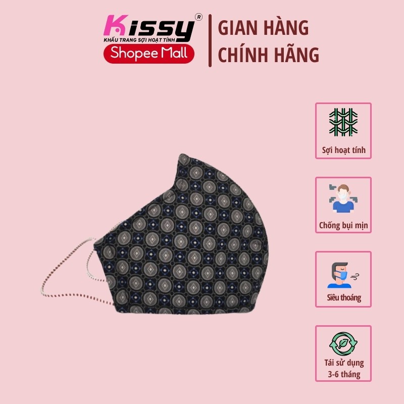 Khẩu Trang Vải 3 Lớp Kissy Người Lớn Size L Họa Tiết Kẻ Tròn Đen Xanh Chống Nắng Và Chống Bụi Mịn Hiệu Quả