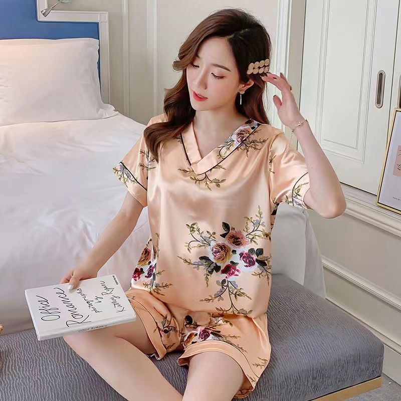 Bộ Đồ Ngủ Tay Ngắn Chất Lụa Satin In Họa Tiết Hoa Phong Cách Hàn Quốc Thời Trang Cho Nữ Size M-4XL