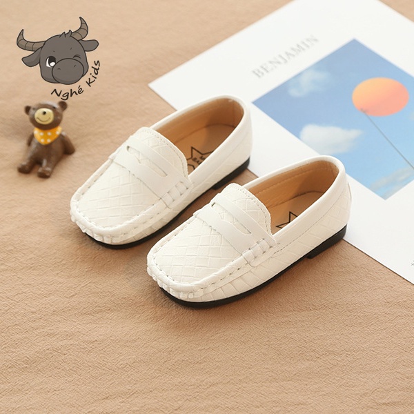 Giày lười cho bé trai da PU mềm đế êm mũi vuông họa tiết caro M352