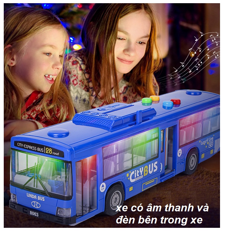 Mô hình xe ô tô buýt cỡ lớn bằng nhựa đồ chơi trẻ em xe có âm thanh và đèn mở được cửa