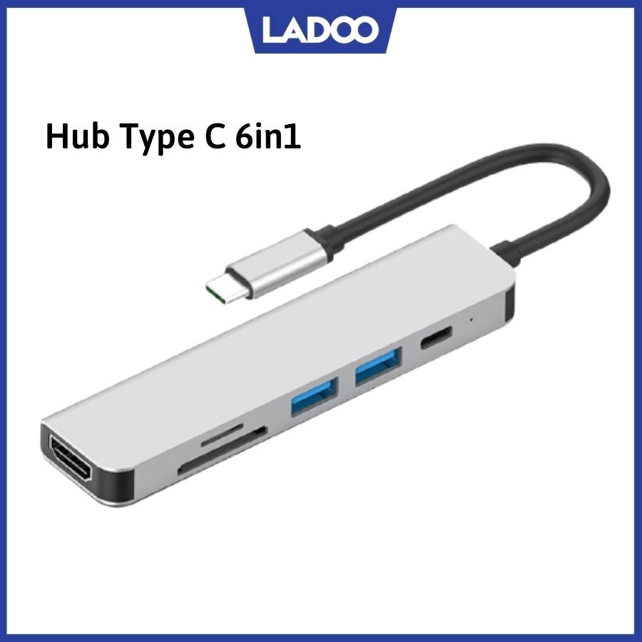 Hub Type C 6in1 - Cổng chuyển đổi Hub USB Type C to SD Card, TF Card, 2 cổng USB, 1 cổng USB-C, 1 cổng HDMI