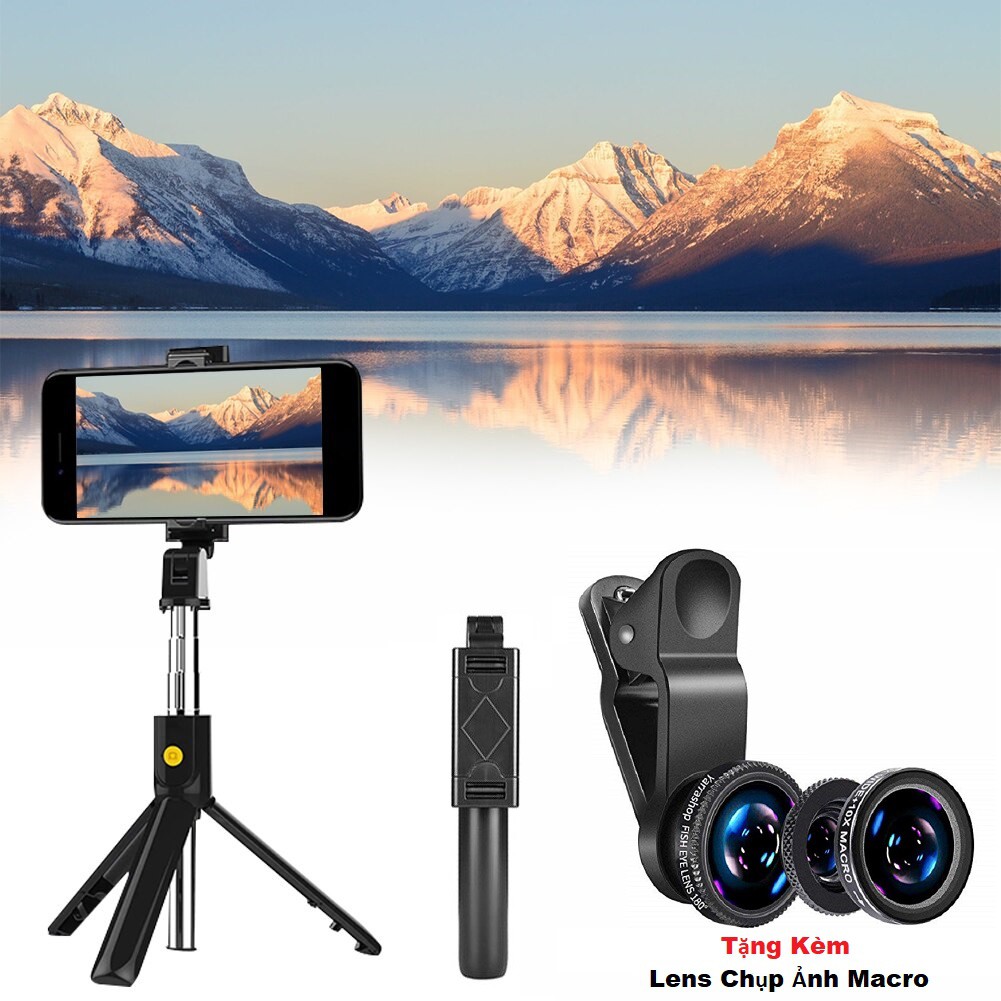 Gậy Chụp Ảnh Có Bluetooth, Kiêm Tripods Chụp Hình 3 Chận Tặng Kèm Lens Macro Chụp Ảnh Cho Điện Thoại Android Và IOS