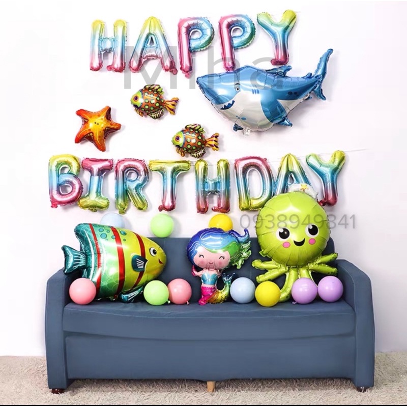 Set Trang Trí Sinh Nhật Biển, Đại Dương, Các Loài Cá, Nàng Tiên Cá, Sao Biển, Bạch Tuột, Cá Ngựa