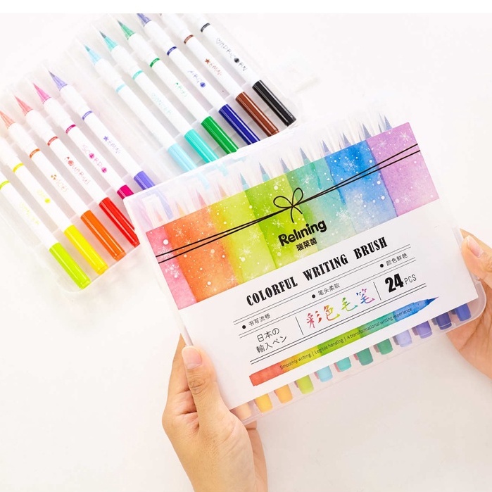Bút/ Viết brush 24 màu đầu viết calligraphy (thư pháp) - lông bút mượt, mực ra đều