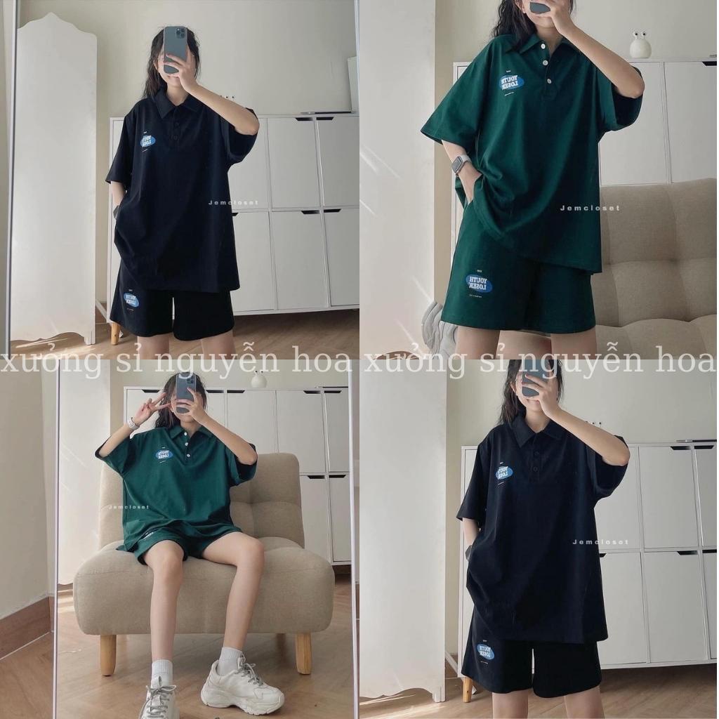 Sét bộ áo thun polo in chữ ngực kèm quần đùi form dáng rộng unisex 2 màu xanh đen nam nữ mặc được xưởng sỉ nguyễn hoa