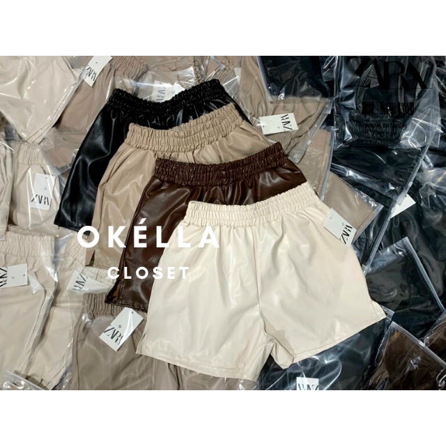 Quần short da PU cạp chun xẻ nhẹ 2 bên, quần sooc nữ chất chuẩn xịn Quảng Châu Okella