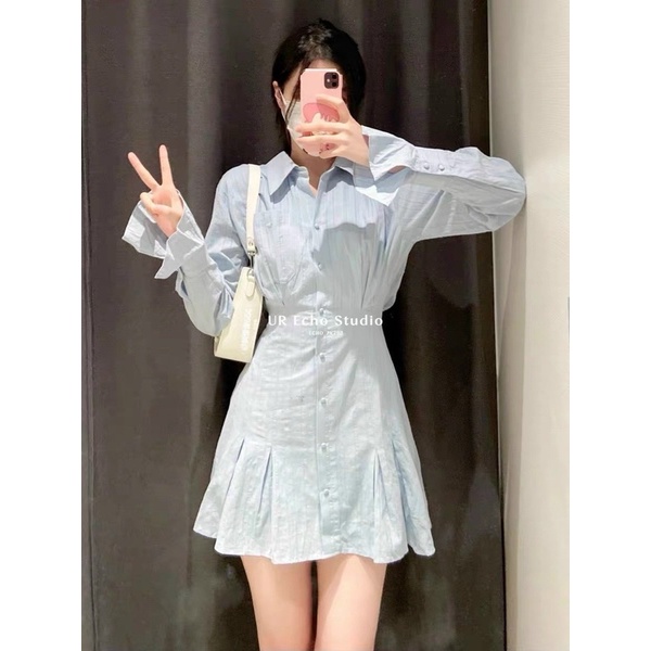 ĐẦM SƠ MI XANH CHIẾT EO TAY DÀI |hình thật chụp trải ghế|