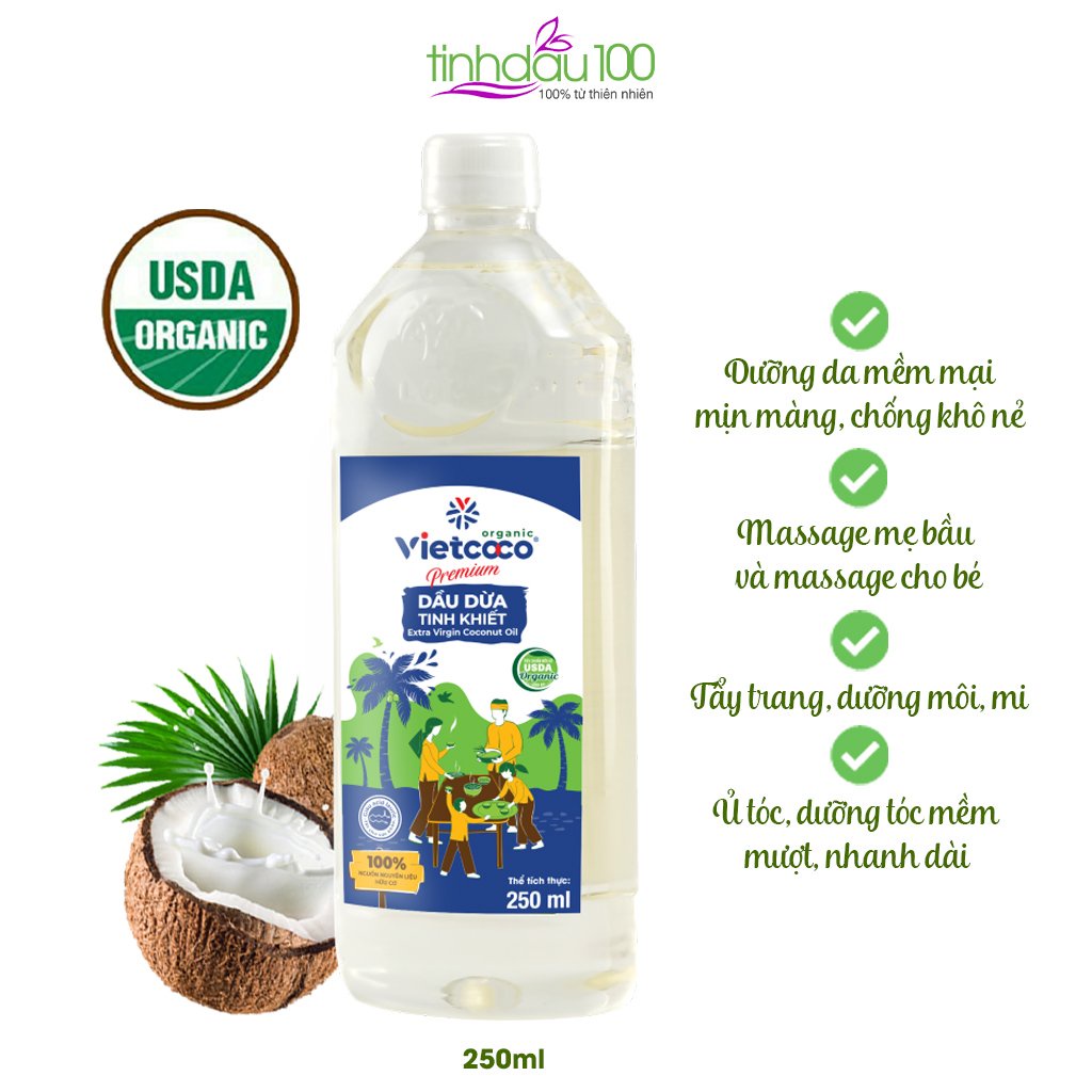 Tinh dầu dừa Vietcoco nguyên chất dưỡng da, tóc, massage mặt, body, tẩy trang, dưỡng môi 250ml Tinh Dầu 100 Shop