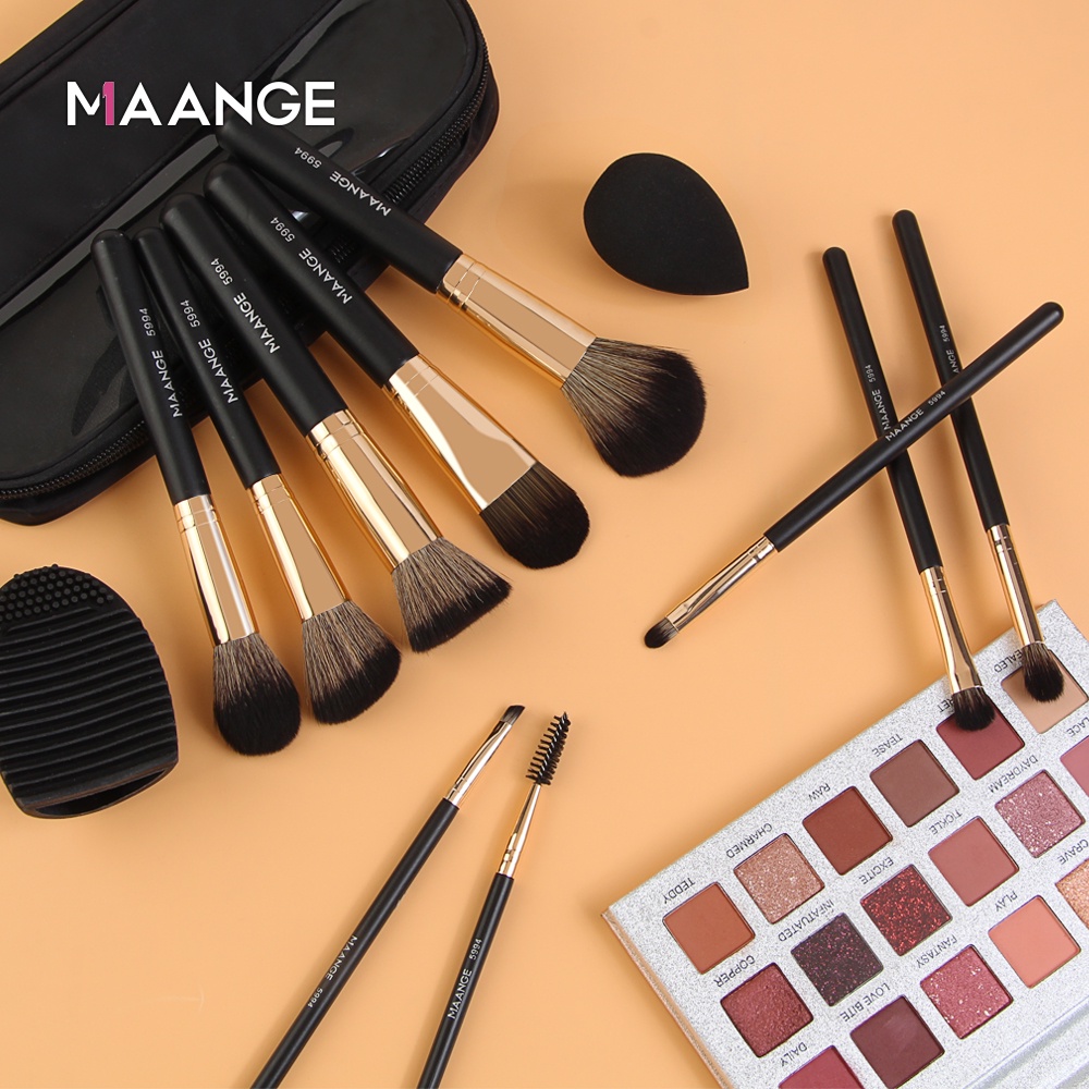 Bộ 10 cọ trang điểm MAANGE chuyên nghiệp Cao cấp Gồm túi, mút, dụng cụ làm sạch 5994