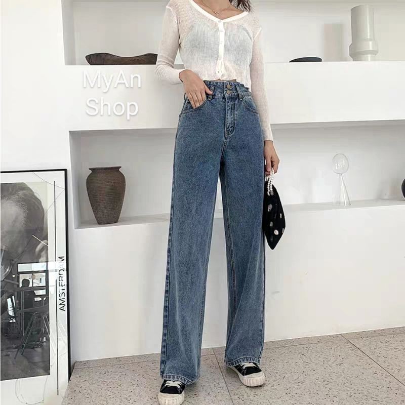 QUẦN BÒ ỐNG RỘNG CẠP CAO 2 KHUY_XANH ĐẬM