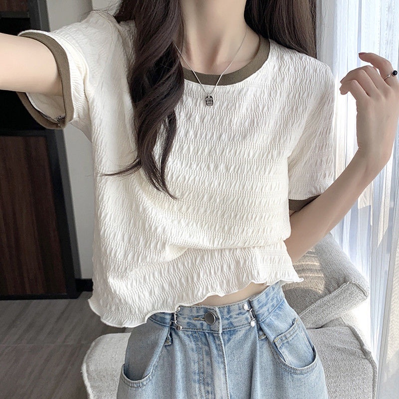 Áo Chiffon Cổ Tròn Phối Màu Khối Thời Trang Mùa Hè Cho Nữ Có Size Lớn