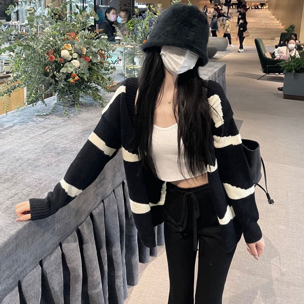 Áo Khoác Len Cardigan Kẻ Ngang,Áo Khoác Len Tay Dài Cá Tính