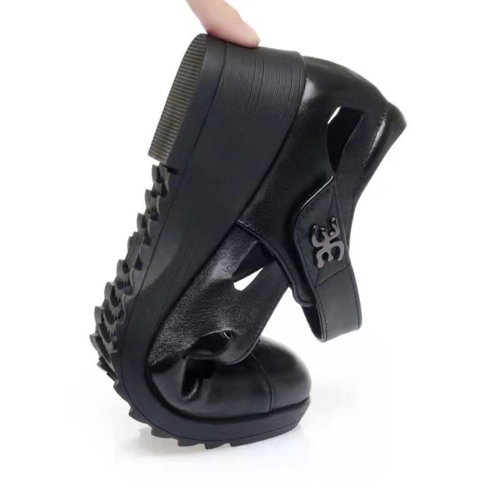 Giày Sandal Da Thật Đế Xuồng Mềm Mũi Tròn Thời Trang Cho Phụ Nữ Trung Niên