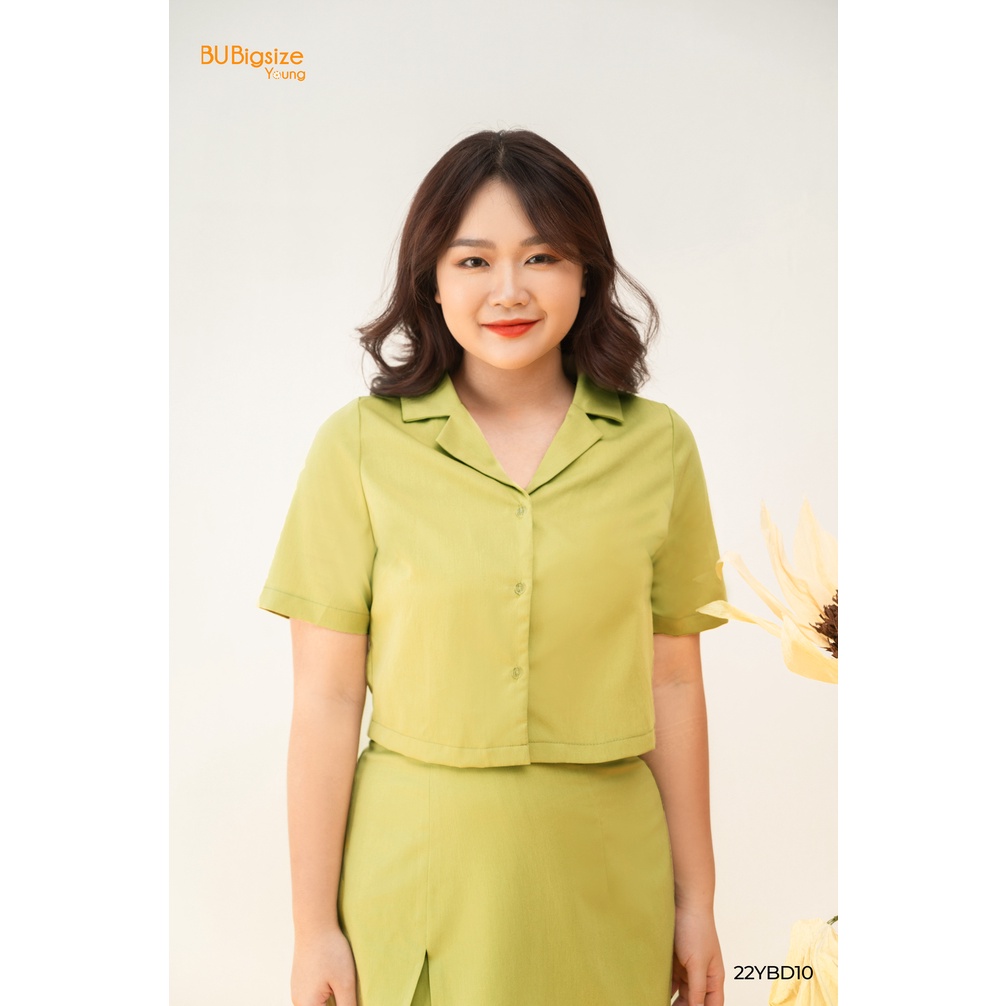 Set áo cổ bẻ ve dáng ngắn + Chân váy chữ A xẻ gấu BIGSIZE (55kg đến 95kg) - 22YBD10 - [BU Bigsize Young]