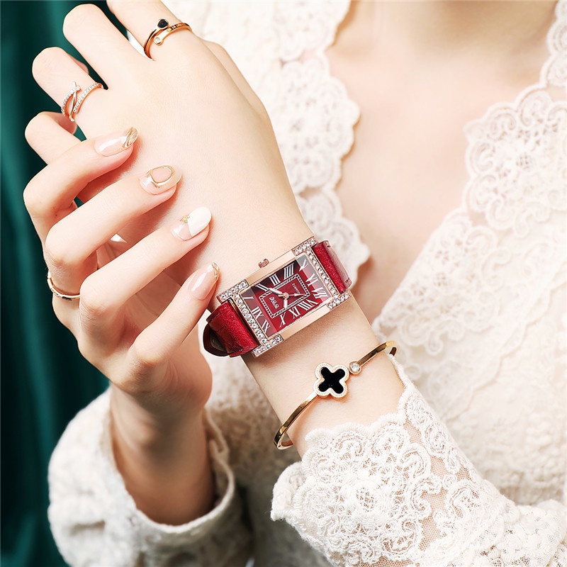 Đồng Hồ Mặt Chữ Nhật Dây Da Thời Trang Cho Nữ