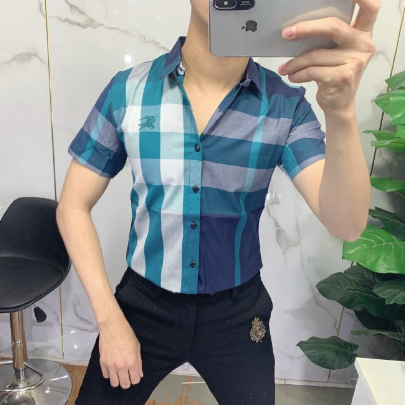Sơ mi nam BBR tay ngắn kẻ nhiều màu caro chất liệu cotton thoáng mát thấm hút mồ hôi không phai màu