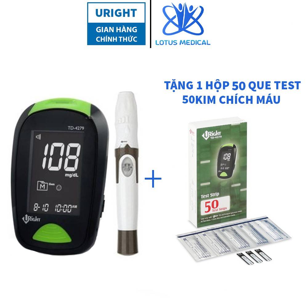 Máy đo đường huyết URIGHT TD4279 - Máy đo tiểu đường tặng kèm 50 que thử và 50 kim chích
