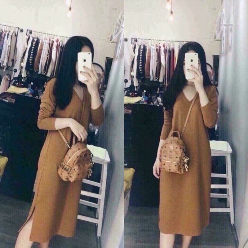 Đầm suông dài tay-Váy len cổ V basic dáng dài 3 màu chất len tăm