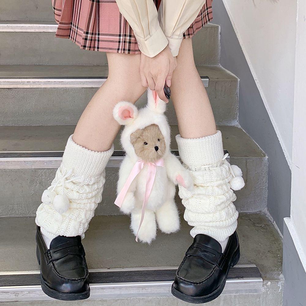 AVALENTINE Knitted Leg Warmers Elastic Winter Sweet With Hairball Boot Cuffs Lolita Girl Socks Wool JK Uniform Boot Toppers Women Twist Hosiery