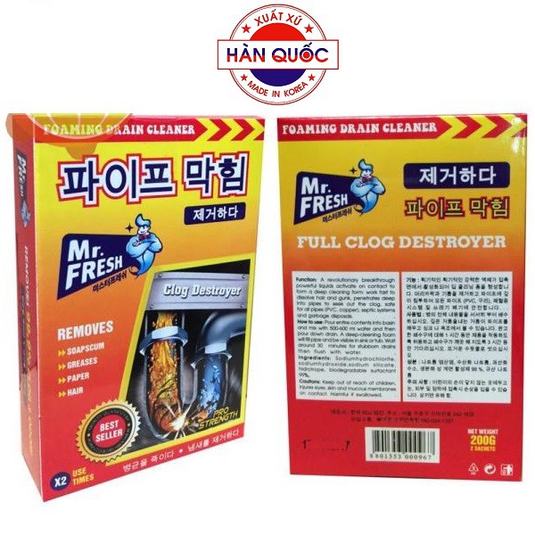 Combo 2 hộp 4 gói bột thông tắc cống, ống thoát nước siêu mạnh Mr Fresh Korea (100g/gói)