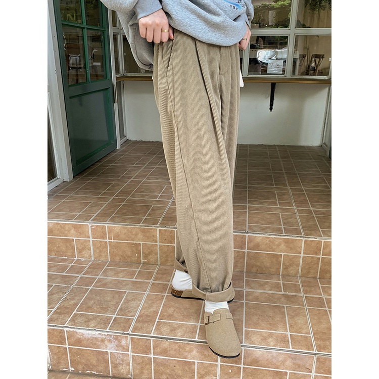 Quần nhung tăm nữ Ống rộng Lưng cao Retro Thu Đông Ulzzang Hàn Quốc Quần dài chất nhung Dáng suông Thời trang