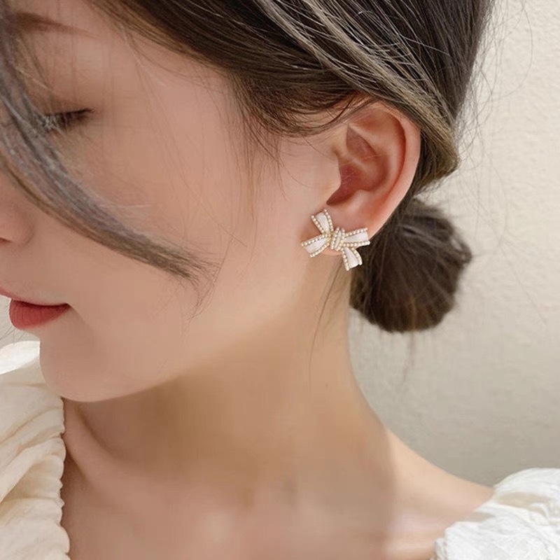 Bông Tai Mạ Bạc 925 Hình Nơ Đính Ngọc Trai Thời Trang Mới