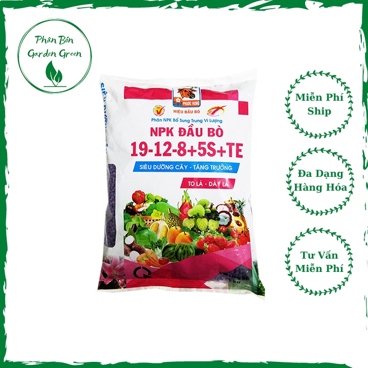 Phân NPK trung vi lượng Đầu Bò 19-12-8+5S+TE cây phát triển thân lá, đâm đọt nhanh, phân cành tốt 1kg