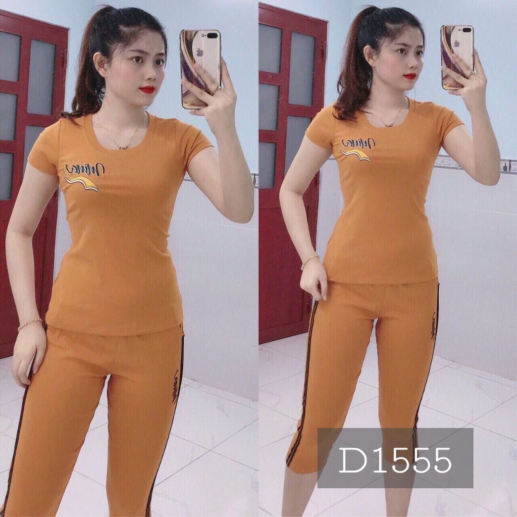 Set bộ quần áo nữ lửng mặc nhà logo thêu sọc thun cotton co giãn 4 chiều 155/ Có size XXL